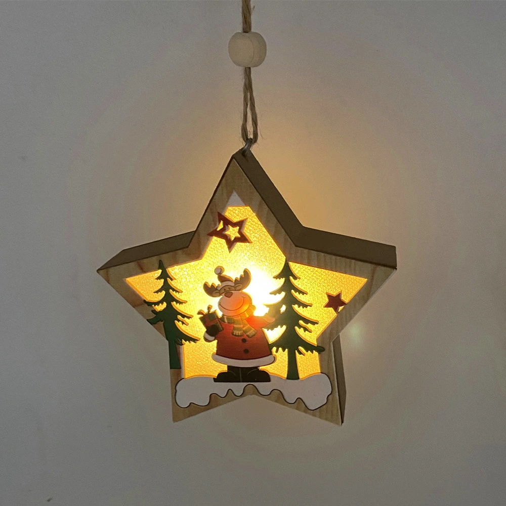 Christmas Tree Ornaments Wooden Star Shape LED Lights